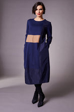 Load image into Gallery viewer, Peruzzi - Taffeta Trim Dress (Navy and Cognac)