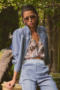 Once Was - AURORA REVERSIBLE VISCOSE & TENCEL FRINGE JACKET IN PETINOS FLOROS / BLUE ASH