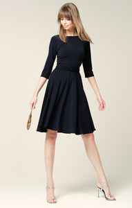 Sacha Drake - Reverse Wrap 3/4 Sleeve Full Skirt Knee Length Jersey Dress in Navy