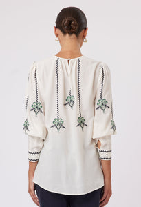 Once Was - Grove Embroidered Cotton Please Sleeve Top - Alabaster