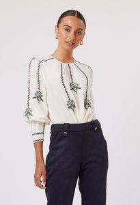 Once Was - Grove Embroidered Cotton Please Sleeve Top - Alabaster